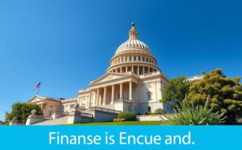 A symbolic representation of U.S. Capitol with stately architecture and clear blue sky, illustrating finance and politics.
