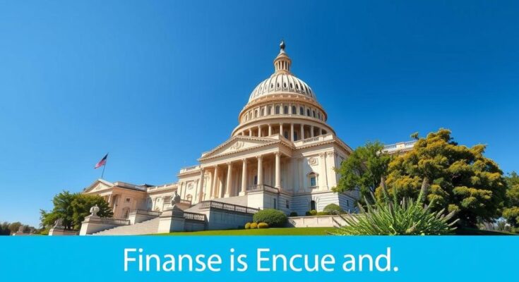 A symbolic representation of U.S. Capitol with stately architecture and clear blue sky, illustrating finance and politics.