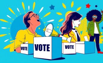 A vibrant campaign ad with bold visuals, featuring a symbolic representation of democratic engagement and youthful energy.