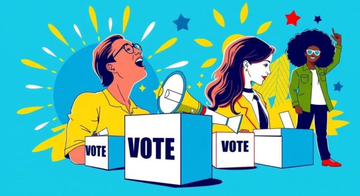 A vibrant campaign ad with bold visuals, featuring a symbolic representation of democratic engagement and youthful energy.