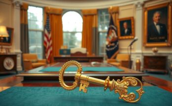 Elon Musk's farewell in a stylized Oval Office, featuring a golden key, symbolic decor, warm color tones