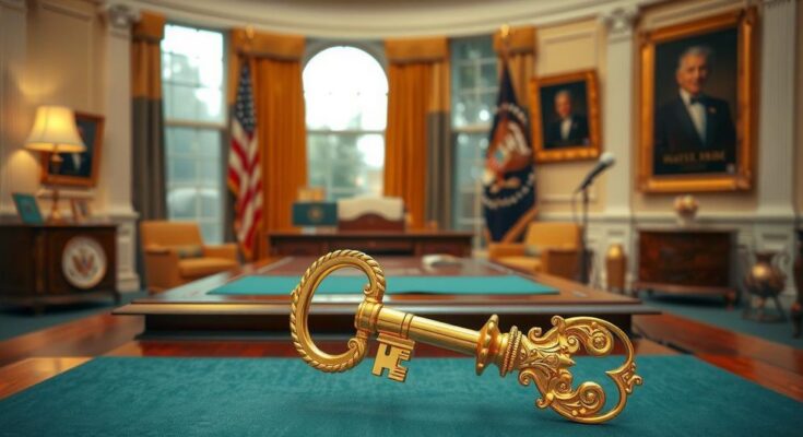 Elon Musk's farewell in a stylized Oval Office, featuring a golden key, symbolic decor, warm color tones
