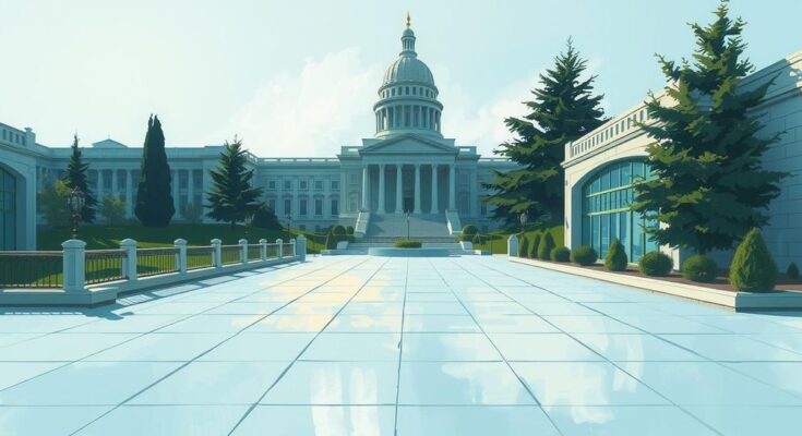 Пейзаж с пустыми местами для встреч на фоне зданий, символизируя общественную политику и безопасность