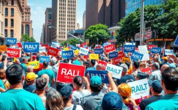 A political rally scene with campaign signs and diverse supporters, set in a vibrant urban environment.