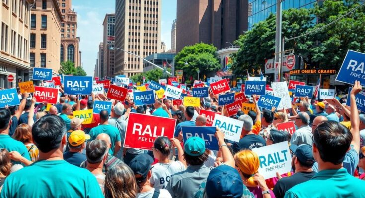 A political rally scene with campaign signs and diverse supporters, set in a vibrant urban environment.