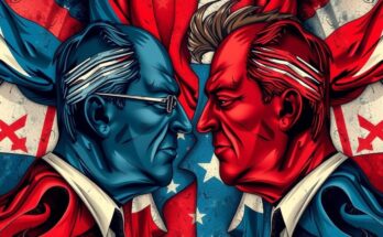 Simboli di divisione politica con bandierine e segni in un contesto astratto, colori rossi e blu predominanti.