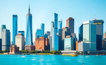 A vibrant skyline of New York City under a bright blue sky, showcasing iconic buildings and urban life.