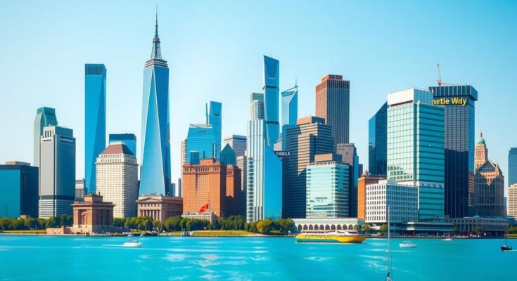 A vibrant skyline of New York City under a bright blue sky, showcasing iconic buildings and urban life.