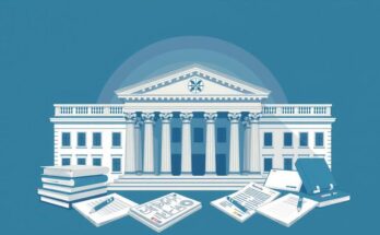O ilustrare cu clădiri guvernamentale, accesorii de birou și documente legislative pentru a simboliza propunerile politice.