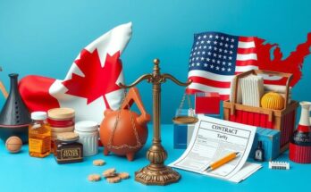 Rappresentazione visiva del commercio tra Canada e Stati Uniti, con simboli di tariffe e accordi commerciali.