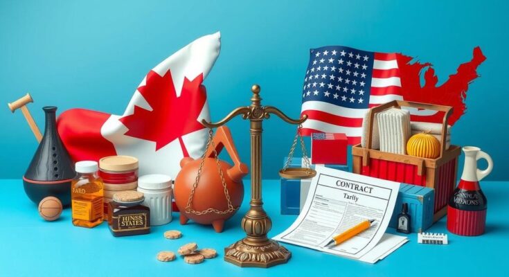 Rappresentazione visiva del commercio tra Canada e Stati Uniti, con simboli di tariffe e accordi commerciali.