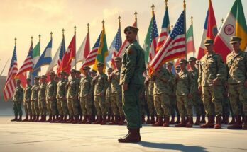 Soldiers lined up at a military event, dressed in uniform, with a backdrop of flags and military vehicles.