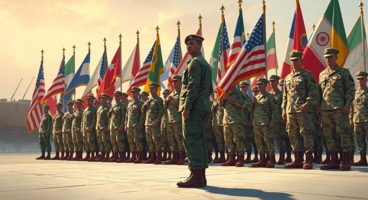 Soldiers lined up at a military event, dressed in uniform, with a backdrop of flags and military vehicles.