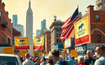 A vibrant New York skyline with a campaign rally setting, filled with diverse signs and banners, in warm tones.