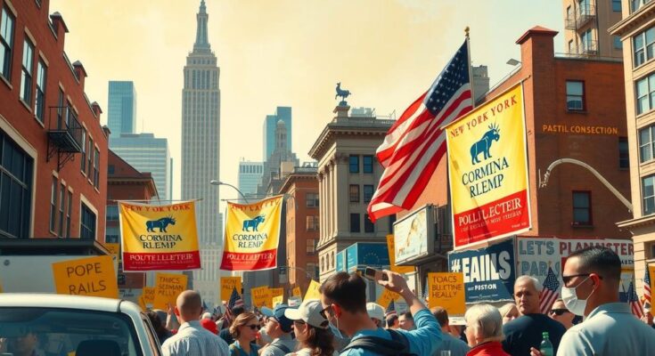 A vibrant New York skyline with a campaign rally setting, filled with diverse signs and banners, in warm tones.