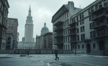 Un paesaggio urbano grigio e triste, rappresenta la disillusione politica in America, senza figure umane apparenti.