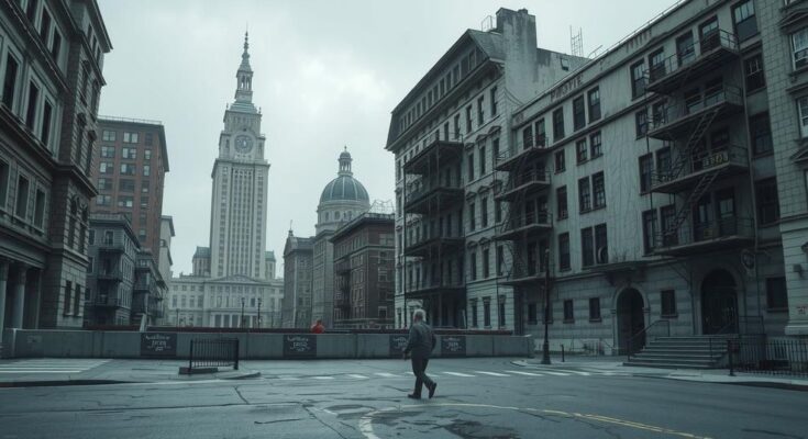 Un paesaggio urbano grigio e triste, rappresenta la disillusione politica in America, senza figure umane apparenti.