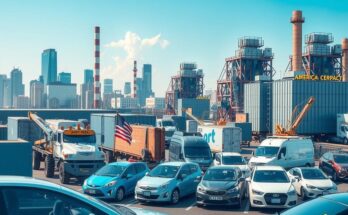 Aspetto di una città moderna con fabbriche e auto americane sotto un cielo blu.