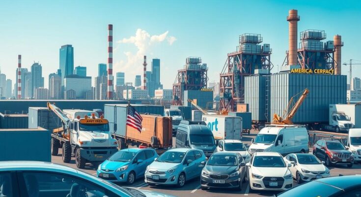 Aspetto di una città moderna con fabbriche e auto americane sotto un cielo blu.