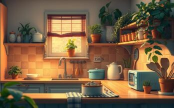 Cuisine familiale avec une ambiance chaleureuse et une lumière douce, décorée de plantes vertes et d'ustensiles de cuisine.