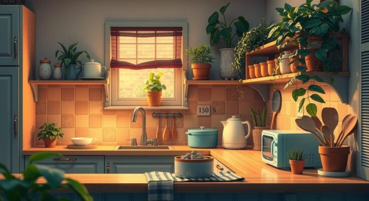 Cuisine familiale avec une ambiance chaleureuse et une lumière douce, décorée de plantes vertes et d'ustensiles de cuisine.