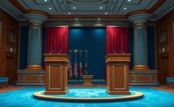 A tense political debate scene with two podiums and microphones, set in a grand conference room.