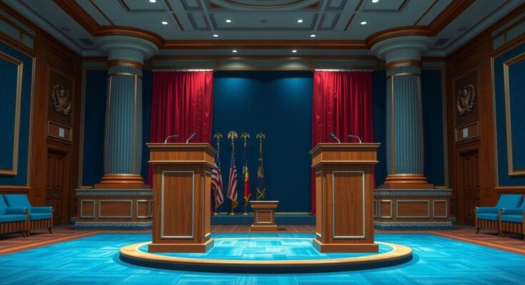 A tense political debate scene with two podiums and microphones, set in a grand conference room.
