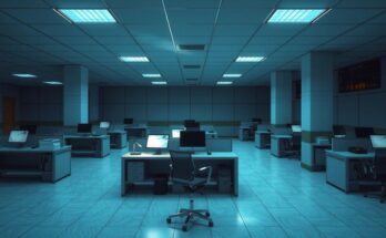 Scena di un ufficio federale vuoto con computer accesi in un'atmosfera di austerità. Colori blu e grigi predominano.