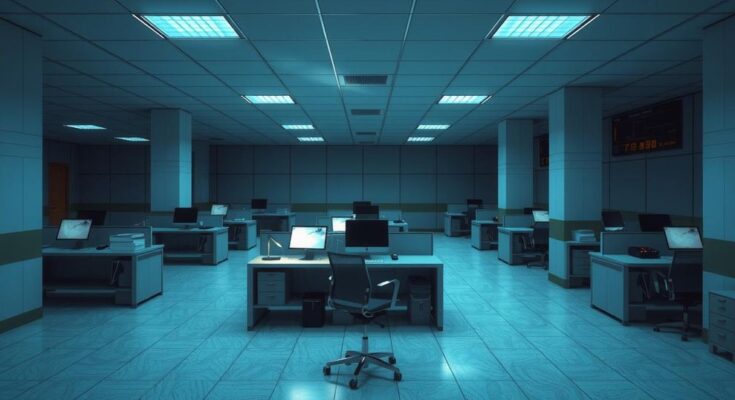 Scena di un ufficio federale vuoto con computer accesi in un'atmosfera di austerità. Colori blu e grigi predominano.