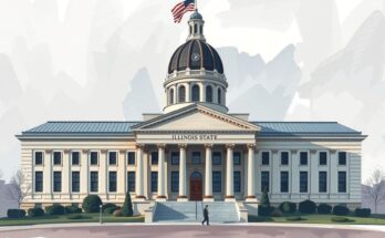 Иллюстрация с изображением здания правительства штата Иллинойс, символизирующая законодательные меры по блокировке доступа к государственным должностям.