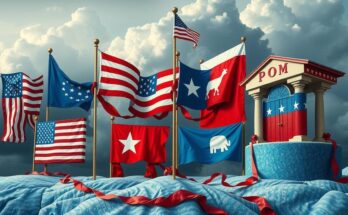 Un paesaggio politico americano con bandiere e simboli rappresentativi del sistema, colori blu e rosso in contrasto.