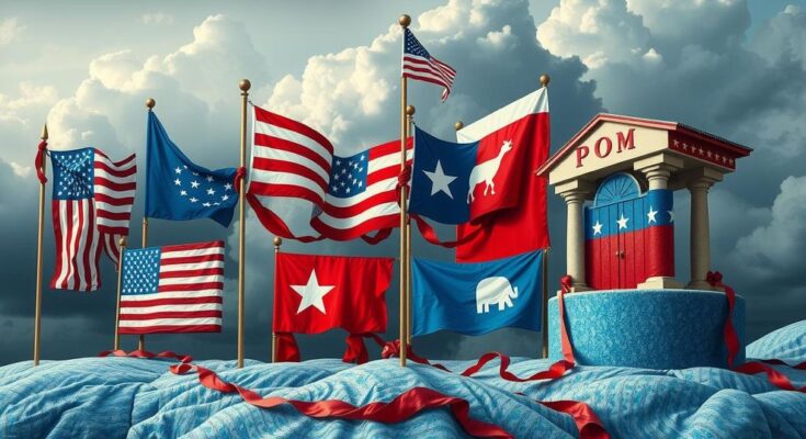 Un paesaggio politico americano con bandiere e simboli rappresentativi del sistema, colori blu e rosso in contrasto.