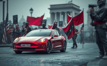Tesla electric car amidst political symbols and protests, showcasing tension and brand impact from politics.