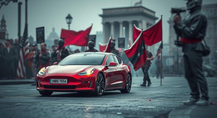 Tesla electric car amidst political symbols and protests, showcasing tension and brand impact from politics.
