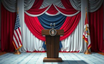 A formal setting with a podium surrounded by an American flag and subtle decor depicting political themes.