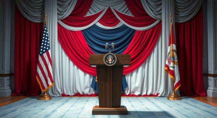 A formal setting with a podium surrounded by an American flag and subtle decor depicting political themes.
