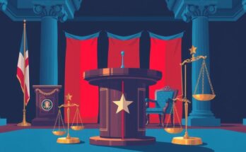 Débat politique intense, scène avec symbole de la démocratie et des questions en arrière-plan