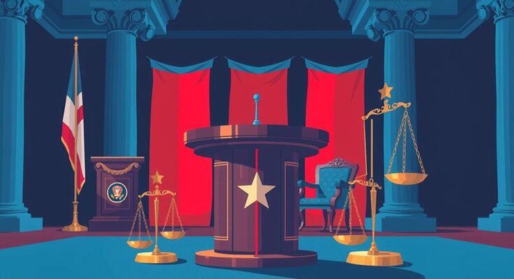 Débat politique intense, scène avec symbole de la démocratie et des questions en arrière-plan