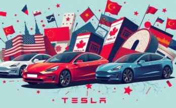 Tesla cars with contrasting colors amidst political symbols, representing current market challenges and dynamics in politics.