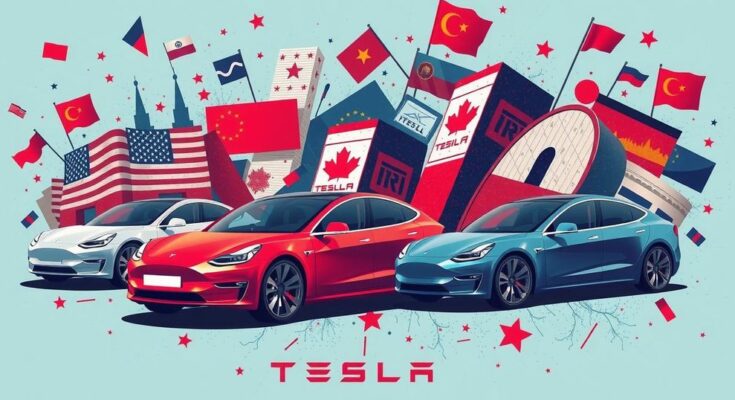 Tesla cars with contrasting colors amidst political symbols, representing current market challenges and dynamics in politics.