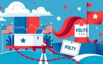 Représentation symbolique de l'élection avec des éléments politiques et couleurs vives.