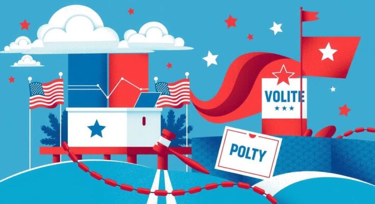 Représentation symbolique de l'élection avec des éléments politiques et couleurs vives.