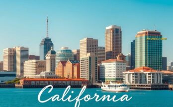 Peisaj urban cu clădiri simbolizând California, fundal de cer albastru, tonuri calde, arta contemporană.