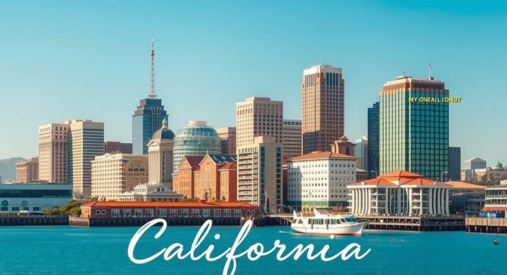 Peisaj urban cu clădiri simbolizând California, fundal de cer albastru, tonuri calde, arta contemporană.