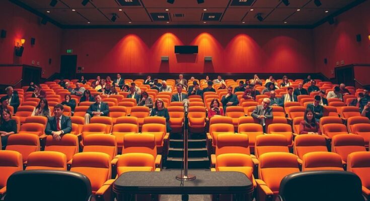 Un auditorio affollato e un microfono al centro, simboli di dialogo e innovazione politica.