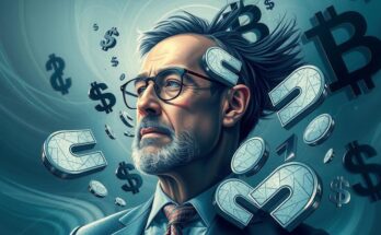 Billionaire entrepreneur represented with abstract business symbols and a turbulent background in blue and gray hues.