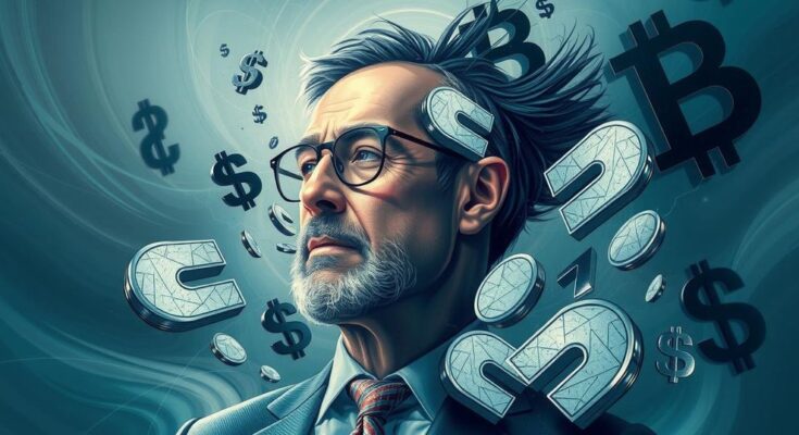 Billionaire entrepreneur represented with abstract business symbols and a turbulent background in blue and gray hues.