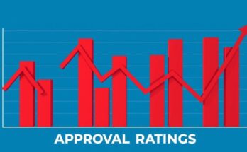 Grafico che mostra le valutazioni di approvazione di un leader politico con alti e bassi. Colori blu e rosso.