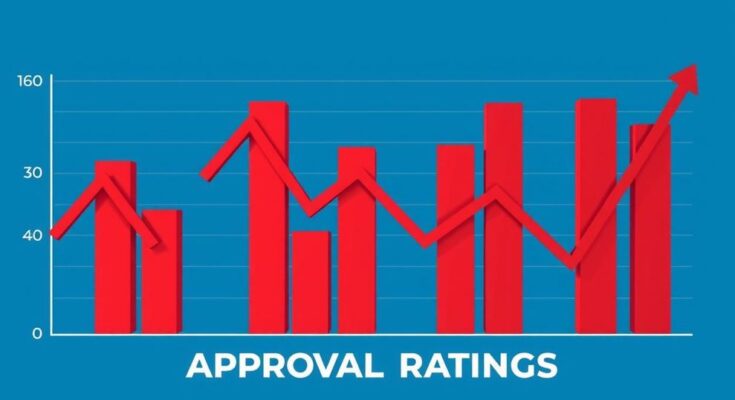 Grafico che mostra le valutazioni di approvazione di un leader politico con alti e bassi. Colori blu e rosso.