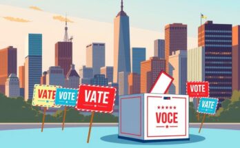 Vibrant New York City skyline with a symbolic ballot box and rally signs representing a mayoral election atmosphere.